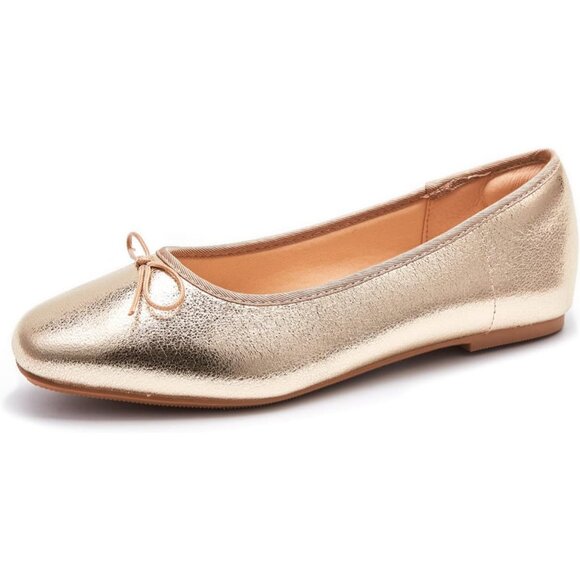 Women's Gold Polyurethane Closed Round Toe Comfortable Bow Ballet Flats Shoes - Picture 3 of 7